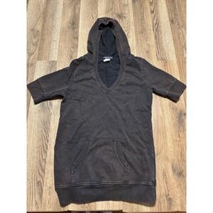 Decoded Short Sleeve Hoodie Women Size Medium Black Acid Wash Pullover V-Neck
